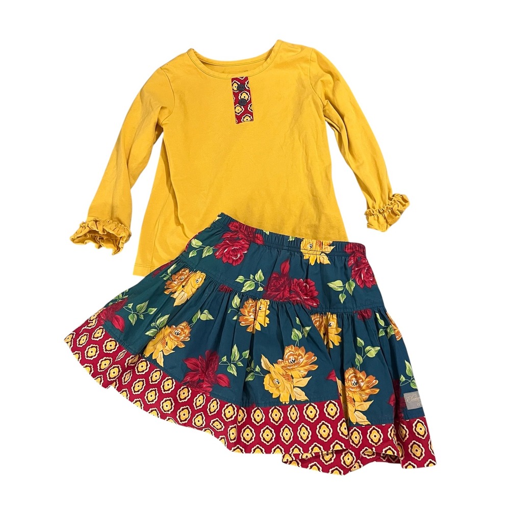 Eleanor Rose Girls Mustard Yellow Teal Floral Carlie Top Kristina Skirt Set 5-6
